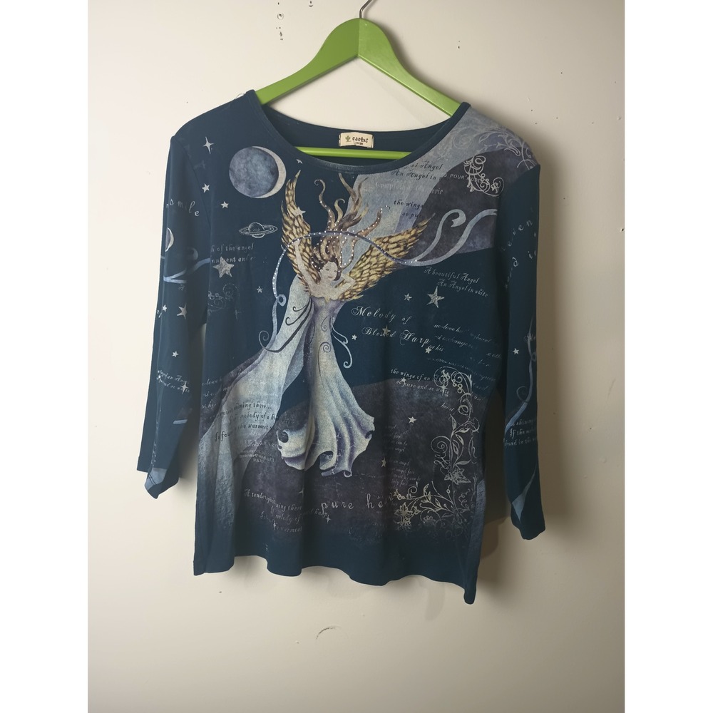 Cactus Women Navy Blue Celestial Angel Graphic Top Rhinestone Large